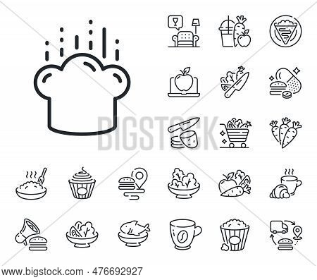 Chef Sign. Crepe, Sweet Popcorn And Salad Outline Icons. Cooking Hat Line Icon. Food Preparation Sym