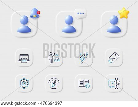 Copyright, Search Employee And E-mail Line Icons. Placeholder With 3d Star, Reminder Bell, Chat. Pac