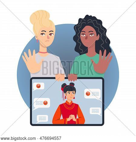 Upset Women Showing Offensive Advertisement With Asian Model. Girls Holding Screen With Controversia