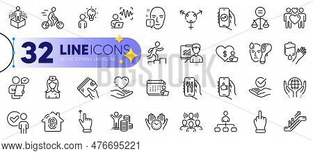 Outline Set Of Face Attention, Hospital Nurse And Group People Line Icons For Web With Fingerprint A
