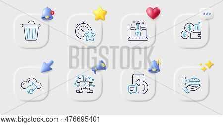 Trash Bin, Start Business And Food Delivery Line Icons. Buttons With 3d Bell, Chat Speech, Cursor. P