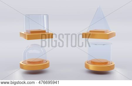 Glass Cube Box, Pyramid, Cylinder, Sphere Or Dome On Golden Stand Isolated On White Background. Mock