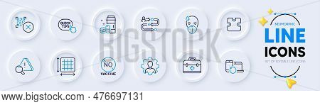 Quick Tips, Attention And No Vaccine Line Icons For Web App. Pack Of Sick Man, Journey Path, Puzzle 