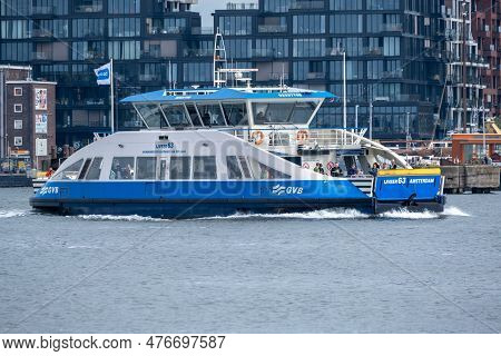 Amsterdam, The Netherlands - 8 September 2022: A Gvb Ferryboat Crossing The Ij River