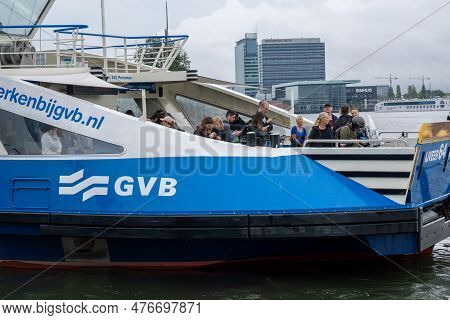 Amsterdam, The Netherlands - 8 September 2022: A Gvb Ferryboat Crossing The Ij River
