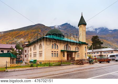 Zulkarni Hadji Tilov Mosque In Terskol Village At The Foot Of Mount Elbrus In The Caucasus, Russia