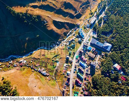 Terskol Aerial Panoramic View. Terskol Is A Village Located At The Foot Of Mount Elbrus, The Highest