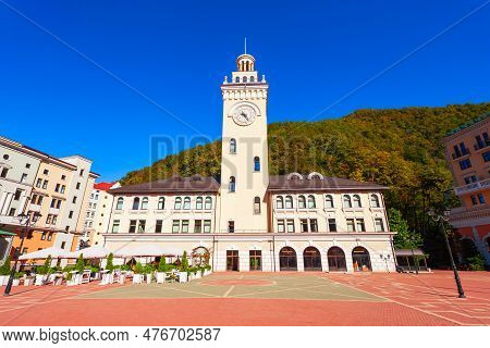 Town Hall In The Centre Of Rosa Khutor. Rosa Khutor Is An Alpine Ski Resort Located Near Krasnaya Po