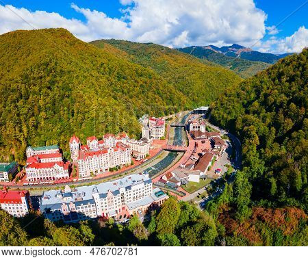 Rosa Khutor Village Aerial Panoramic View. Rosa Khutor Is An Alpine Ski Resort Located Near Krasnaya