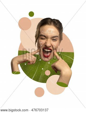 Young Beautiful Woman With Well-kept Face With White Arrows, Lines On It. Face Lifting, Facebuilding