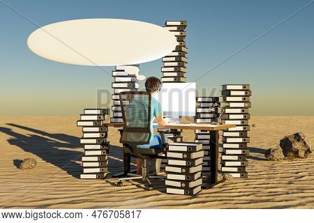Man Sitting At Pc Office Workplace In Desert Environment With Huge Stacks Of Binders And Cloud Over 