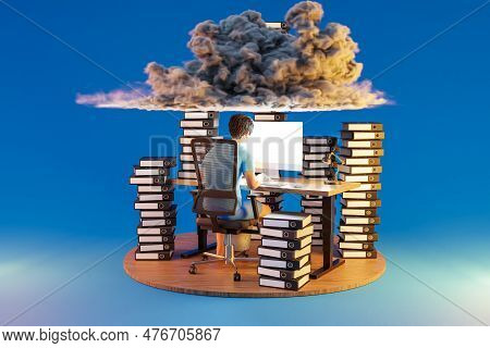 Man Sitting At Pc Office Workplace On Infinite Background With Stacks Of Document Binders And Cloud 