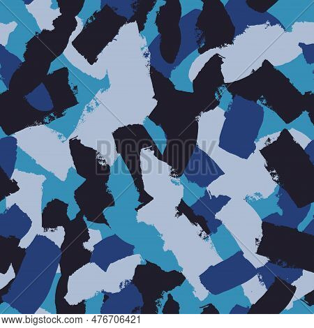 Blue Painted Roller Hand Drawn Camouflage With Dry Brush Strokes. Seamless Navy Smear Grunge Pattern