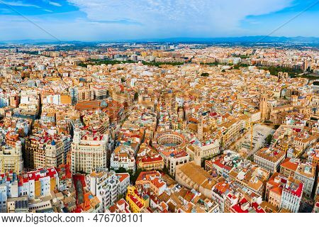Valencia City Hall At The Plaza Del Ajuntament Square Aerial Panoramic View. Valencia Is The Third M