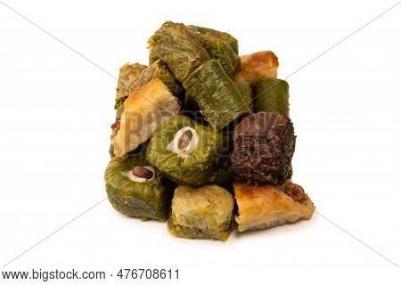 Turkish Pistachio Baklava Isolated On A White Background. A Variety Of Turkish Sweet Baklava. Walnut