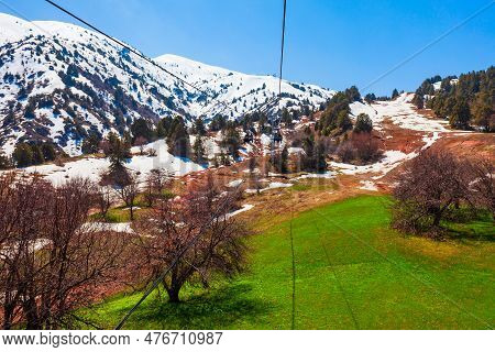 Cable Car To The Beldersay Mountain In Chimgan Region Near Taskent City In Uzbekistan In Spring