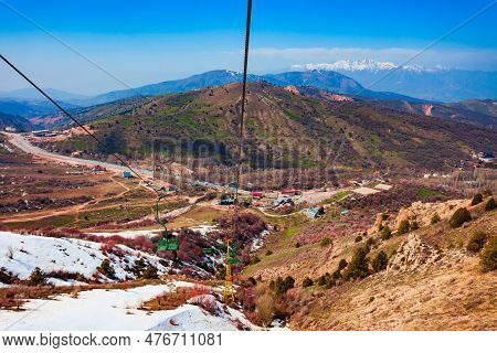 Cable Car To The Chimgan Mountain Near The Taskent City In Uzbekistan In Spring