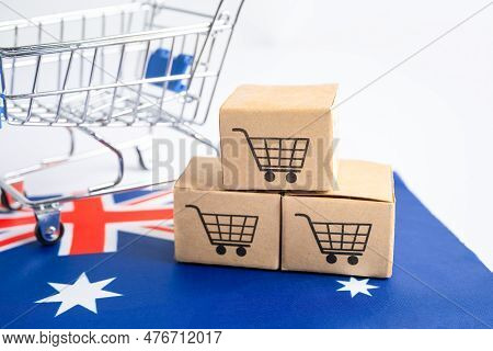 Box With Shopping Online Cart Logo And Australia Flag, Import Export Shopping Online Or Commerce Fin