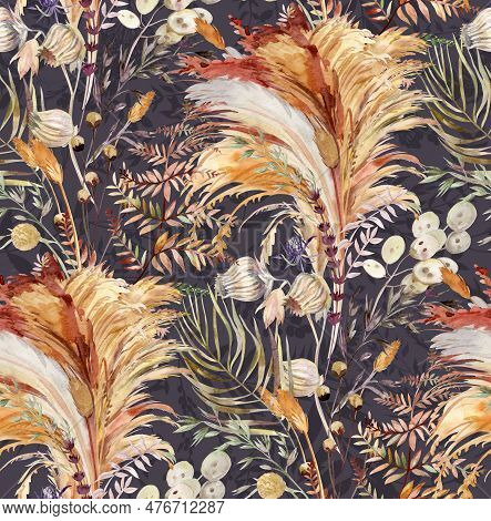Seamless Pattern With Herbs And Pampas Grass And Dried Flowers Painted For Textile