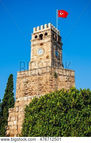 Clock Tower Or Saat Kulesi In The Centre Of Antalya Old Town Or Kaleici In Turkey