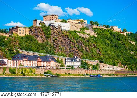 Ehrenbreitstein Fortress Aerial Panoramic View In Koblenz. Koblenz Is City On Rhine, Joined By Mosel