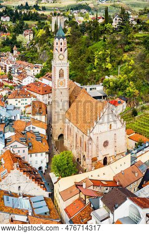 St. Nicholas Church Aerial Panoramic View In Merano. Merano Or Meran Is A Town In South Tyrol In Nor