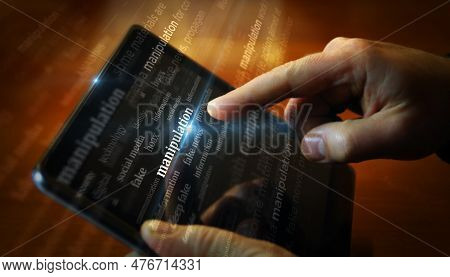 Manipulation Disinformation And Deep Fake News News Titles On Screen In Hand 3D Illustration