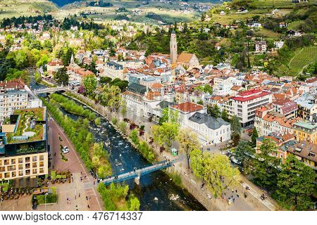 Merano City Centre Aerial Panoramic View. Merano Or Meran Is A Town In South Tyrol In Northern Italy