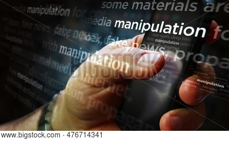 Manipulation Disinformation And Deep Fake News News Titles On Screen In Hand 3D Illustration