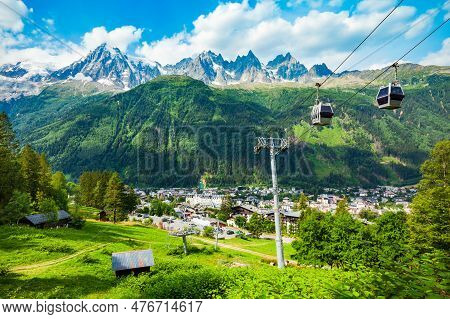 Chamonix Cable Car Aerial Panoramic View. Chamonix Mont Blanc Is A Commune And Town In South Eastern