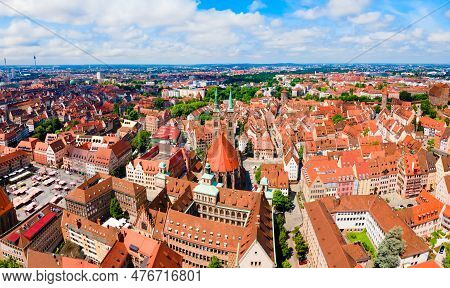 Saint Sebaldus Or St. Sebald Church Aerial Panoramic View In Nuremberg Old Town. Nuremberg Is The Se