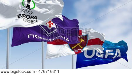 Prague, Cz, May 2023: Flags Of Europa Conference League, Fiorentina, West Ham And Uefa Waving. Fiore