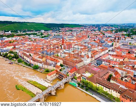 Old Main River Bridge And Wurzburg Old Town Aerial Panoramic View. Wurzburg Or Wuerzburg Is A City I