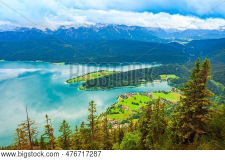 Walchensee Aerial Panoramic View From Herzogstand Viewpoint. Walchensee Or Lake Walchen Is One Of Th