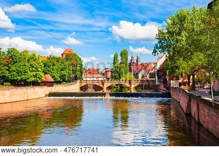 Maxbrucke Or Maxbruecke Is An Arch Bridge Over The Pegnitz River In The Old Town Of Nuremberg. Nurem