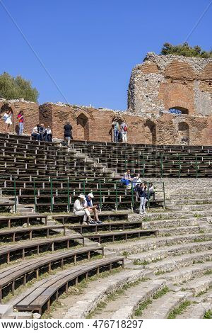 Taormina, Sicily, Italy - April 28, 2023: Ancient Theatre Of Taormina (teatro Antico Di Taormina), R