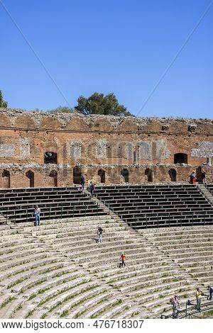 Taormina, Sicily, Italy - April 28, 2023: Ancient Theatre Of Taormina (teatro Antico Di Taormina), R