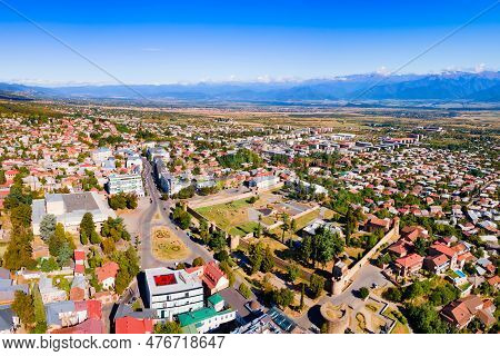 Telavi Old Town Aerial Panoramic View. Telavi Is The Main City Of Kakheti Province In Georgia.