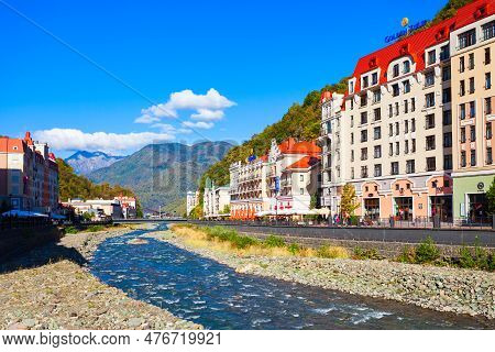 Rosa Khutor, Russia - October 06, 2020: Mzymta River Embankment In Roza Khutor, An Alpine Ski Resort