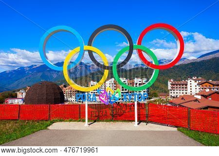 Rosa Khutor, Russia - October 06, 2020: Olympic Rings Logo And Symbol In Rosa Plateau. Rose Plateau 