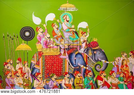 Ajmer, India - September 25, 2019: Traditional Rajasthan Painting With Elephant In The Ajmer Fort Mu