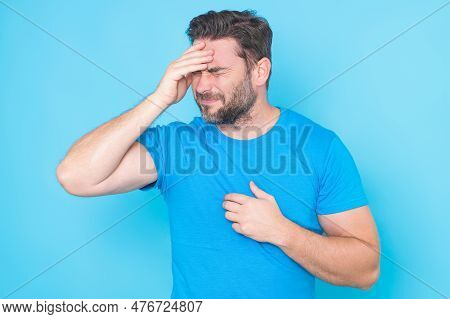 Head Pain. Cephalalgia And Migraine. Man With Sinus Headache, Tension Or Cluster Headache. Head Pain