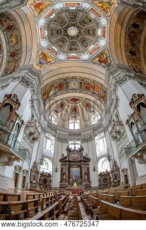 Salzburg, Austria - April 27, 2023: Interior Of The Medieval Salzburg Cathedral, The Xvii Th-century