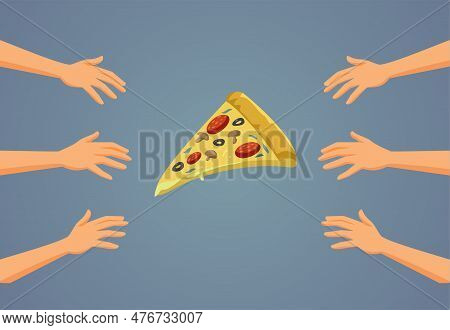 Hungry People Craving For The Last Pizza Slice Vector Cartoon