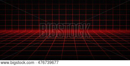 Red Laser Grid Cyber Newretrowave 3d Background. Neon Digital Room With Vaporwave And Square Cell Wi