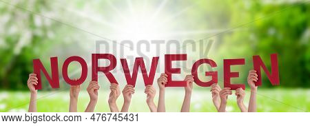 People Hands Building Word Norwegen Means Norway, Grass Meadow