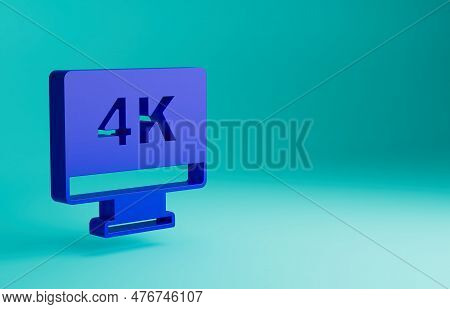 Blue Screen Tv With 4k Ultra Hd Video Technology Icon Isolated On Blue Background. Minimalism Concep