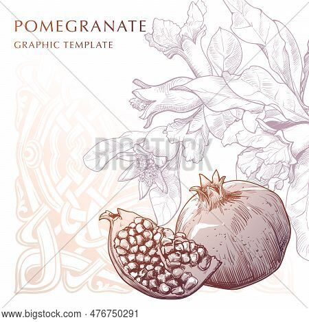 Pomegranate Fruit And Leaves With A Traditional Georgian Ornament On The Background. Decorative Back