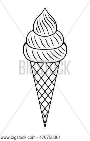 Ice Cream In A Cone-shaped Waffle Cone. Sketch. Refreshing Dessert With Several Layers. Vector Illus