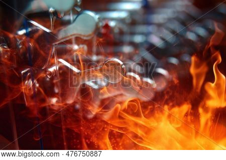 Irish Harp Music Instrument Closeup. Blur Background. Fire Effect.